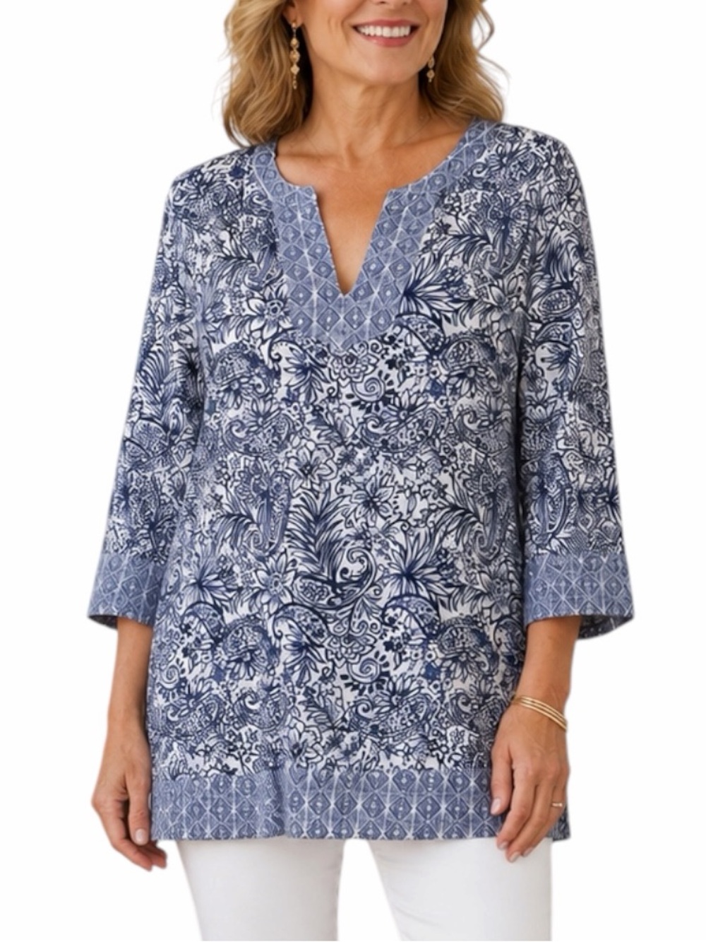 Sigrid Olsen Linen Tunic Blouse Size 1X Paisley Floral 3/4 Sleeve Blue White Top